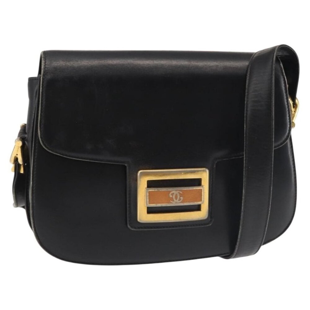 Authentic GUCCI Shoulder Bag Leather Navy Gold